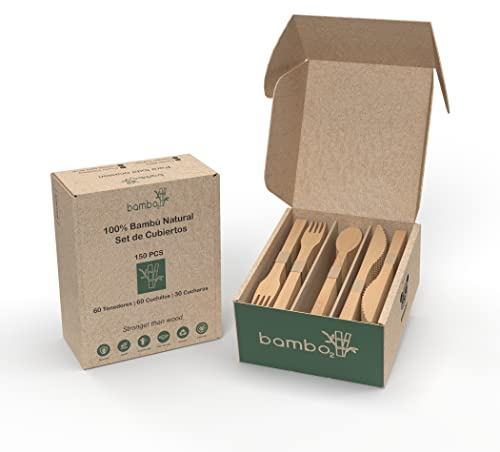 Cubiertos de bambú 100% Natural & 60 cuchillos+60 tenedores+30 cucharas.Resistentes.Alternativa eco a los cubiertos desechables de madera y plástico. Vajilla Camping, Cubiertos para llevar.