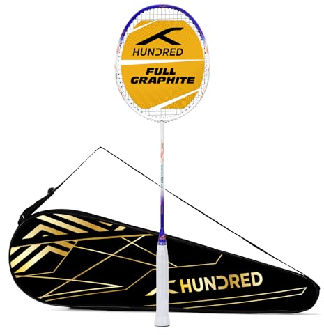 HUNDRED Powertek 1000 PRO Graphite Strung Badminton Racket with Full Racket Cover (White/Blue) | for Intermediate Players | 95 Grams | Maximum String Tension - 26lbs