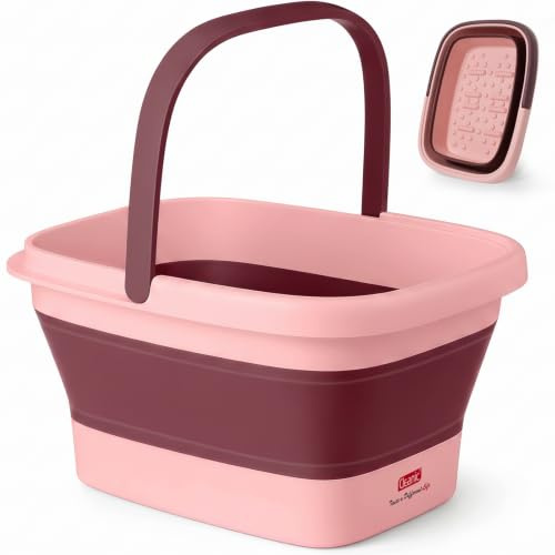 DEANIC Bain de Pied Plié, Bassine Pied Avec Poignée de Transport, Bains de Pied Pediluve, Thalasso Pied Avec 8 Jeux de Rouleaux de Massage et 54 Bosses de Massage (Rose)