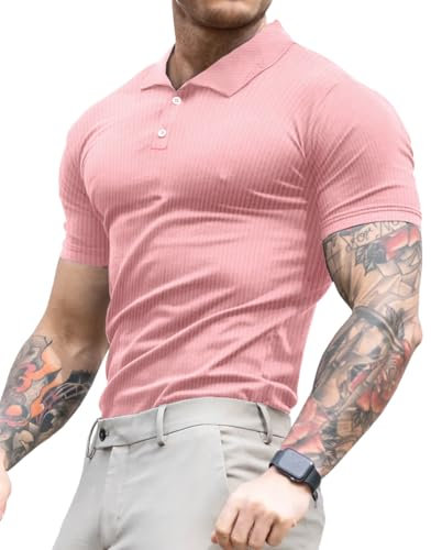 Lehmanlin Hommes Muscle Polos Manches Courtes Casual T-Shirts Slim Fit Stretch Côtelé Golf Tops (Rose/M)