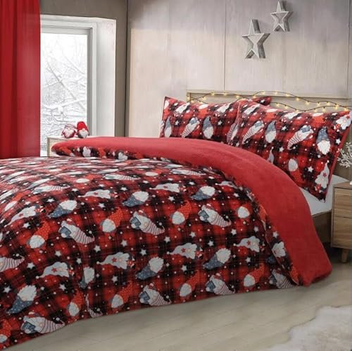 HOMES-LINEN Teddy Fleece Duvet Cover Set Christmas Gonks Soft Warm Cosy Bedding (Red, Super King)