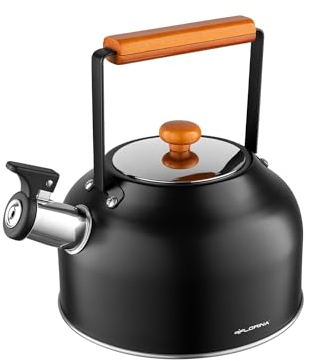 FLORINA Wasserkessel (2,5 l) | Edelstahl Teekessel TOKYO | Flötenkessel mit Holzgriff | Automatischer Pfiff | Japanischer Stil | Wasserkocher für Induktionsherd, Gasherd, Elektroherd | Farbe: Schwarz