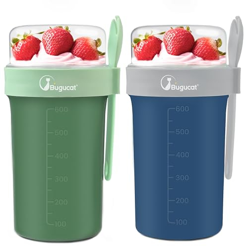 Bugucat Müslibecher to Go 2er Set,Praktischer Joghurtbecher to Go 760ml+230ml,Müsli to Go Becher mit Löffel,Auslaufsicherer Müslibecher Müsli Cup to Go Becher,Müslibox to Go für Picknick,Blau+Grün