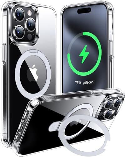 CASEKOO 2025 Neu Magic Stand für iPhone 15 Pro Hülle für MagSafe [Militärschutz] [Unsichtbarer Ständer] Stoßfeste Kratzfeste Schutzhülle Dünne Griffige Handyhülle Clear Case - Durchsichtig