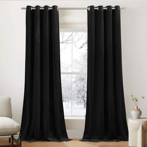PONY DANCE Velvet Blackout Curtains for Bedroom Ösenschal 2er Set Vorhang Samt Schwarz Thermogardine Wärmeisolierend Verdunkelungsvorhänge Schwere Samtvorhänge (300g/m²), H 240 x B 132 cm