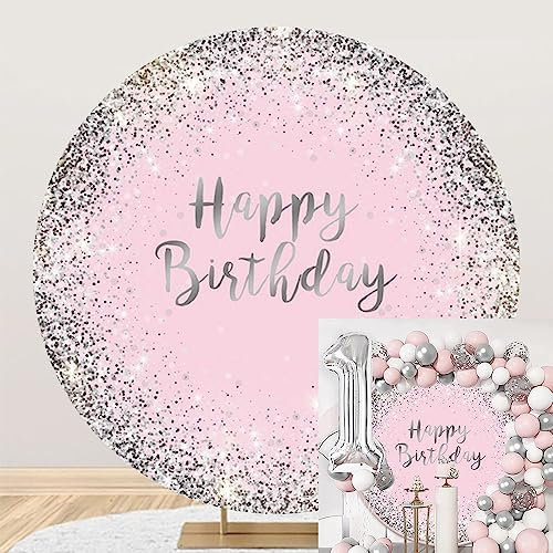 MIRRORANG Diamètre 1,25m Joyeux Anniversaire Toile de Fond Ronde Argent Paillettes Points Fond Rose pour la Photographie fête d'anniversaire bébé Douche décoration photomaton Accessoires, Polyester