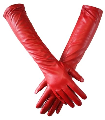 Lange Lederhandschuhe für Damen, Schaffell, dünn, über Ellenbogen, langes Fleecefutter, warme Winterhandschuhe, rot, 34