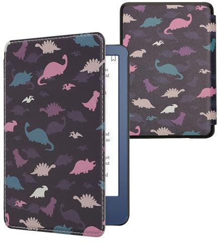 kwmobile Klapphülle kompatibel mit Amazon Kindle (2022/2024) Hülle - eReader Case - Bunte Dinos Violett Gelb Blau