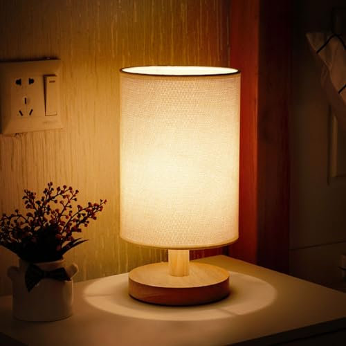 ACAREY Tischlampe Nachttischlampe Holz, Tischlampe Vintage, Kleine Tischleuchte, Retro Landhaus, Lampenschirm Aus Leinen, Für Deko Schlafzimmer, Wohnzimmer, Geschenk, Beige, Geschenke Für Frauen (A)