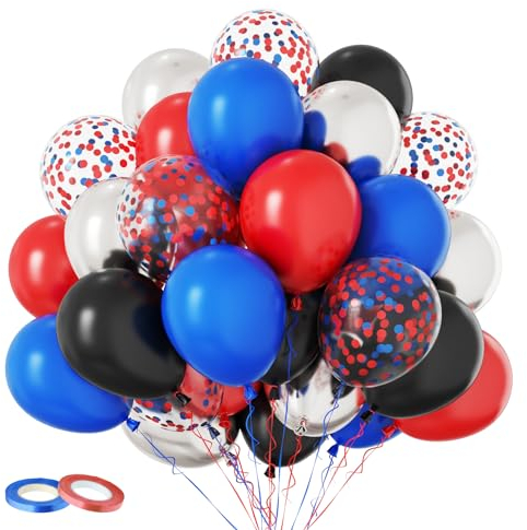 Red Blue Black Balloons, 60PCS Red and Blue Party Balloons, 12Inch Metallic Silver Balloon Confetti Balloon for Boys Men Birthday Graduation Baby Shower Party Decorations