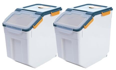 Uotyle 25Kg Flour Storage Container, 2 Pcs Kitchen Cereal Organizer Bin with Measuring Cup/Wheels Seal Locking Lid for Flour, Rice, Grain, Cereal, Beans, Cornflakes, Dry Food Dispenser (Dark Blue)