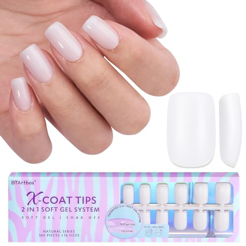 BTArtbox Square Press On Nails Nageltips 150 Stück Tips Für Gelnägel Full Cover Nail Tips Medium, XCOATTIPS with Tip Primer Cover, White Nägel Tips für Nail Extensions Nail Art