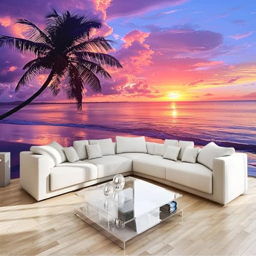Papier Peint Panoramique 3D Coucher de Soleil OcéAn Cocotier Intissé Poster Murale Décoration Multicolore pour Salon Chambre Fond De Mur Tv Papier Peint Murales 250x175cm