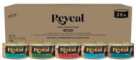 Reveal Natural Wet Canned Cat Food, 5-Flavor Variety Pack, Limited Ingredient, Grain Free, High Protein with No Artificial Additives, Fish Variety in Broth (30 x 2.47 oz Cans)