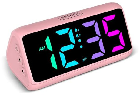 Lauter Wecker für Tiefschläfer, Wecker Digital mit Bunte Display, Doppelalarm, 5 Helligkeitsdimmer, 4 Lautstärken, Abschalt-Speicher, Wecker Nachttisch für Kinder Jugendliche Ältere Schwerschläfer