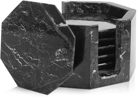 Marble Range Schwarze Untersetzer, 6 Stück, handgefertigt, 8,9 cm, Untersetzer für Getränke für Couchtisch, Marmor-Untersetzer mit Halter