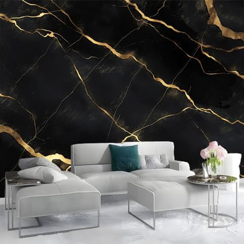 Papier Peint 3D Panoramique Noir Doré Texture Marbre Intissé Murale Tapisserie Noir pour Salon Chambre Restaurant Couloir TV Fond Décor Mural 200x140cm