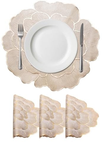 sourcing map Gold Edge White Floral Rose Round Placemats Set of 4 for Dinner Tables, Metallic Polyvinyl Pressed Placemats Washable Table Mats for Dinner Table Decor (15 x 15/38 x 38cm)