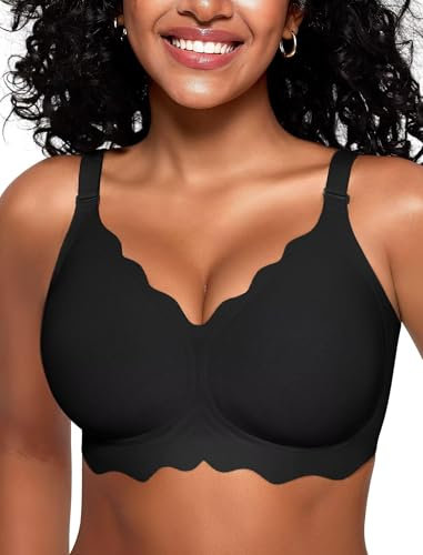 Vertvie Seamless Scalloped Bras for Women No Underwire Wireless Push Up Bra Soft Support Full Coverage Comfort Everyday Bra (Black,M)