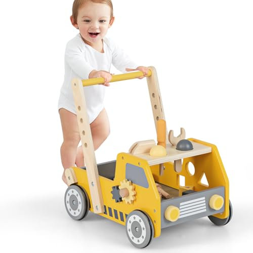 LIFEZEAL Holz Lauflernwagen, Lauflernhilfe in LKW-Form mit 4 Rädern & Bremse, Multifunktion Holzspielzeug mit Stauraum, Bayby Walker für Jungen und Mädchen ab 3+ Jahre, Gelb