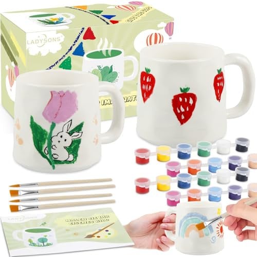 LADYSONS Paint Your Own Mug Set, Pottery Painting Kit for Adults, Art and Crafts Kit Includes Mugs, Brushes, Paints and Painting Inspiration Guide, Personalised Gift for All(2 Pack)