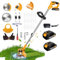 Désherbeur électrique sans fil alimenté par batterie 21 V 3000 mA, lame circulaire de 22,9 cm avec 4 types de lames, coupe-herbe 4 en 1, 2 batteries et chargeur sur roues pour cour et jardin, jaune