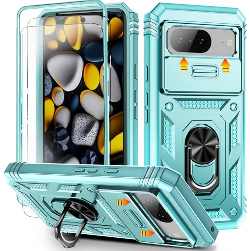 HpulaCase for Pixel 8 Case with Camera Cover Slider, 2*Screen Protectors,Build in 360°Rotating Ring Kickstand, Military Grade Protective Case for Google Pixel 8 6.2-Green