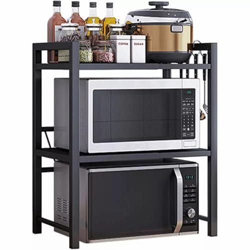 Expandable Microwave Oven Rack, Expandable Microwave Rack with 6 Hooks Adjustable Width & Height Kitchen Counter Organizer Shelf Stand, Pot Pan Grill Storage Racks, Width 40-64cm (3 Tier)