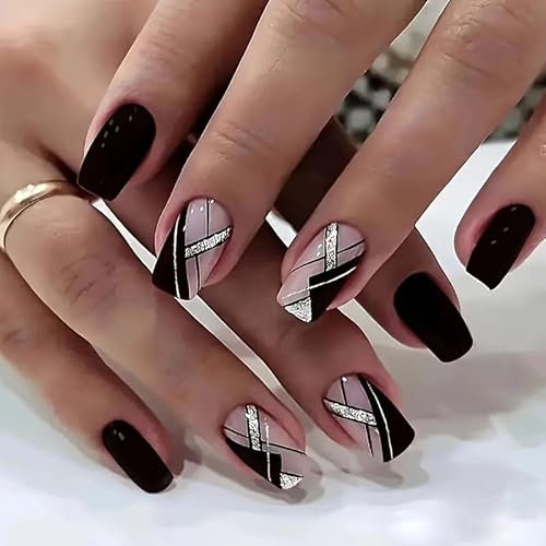 Faux Ongles Court MouyouGlow,Carré Noir Glossy Paillettes Striped Press on Nails avec Colle à Ongles,Dark Wine Red Shimmer Twill Fake Nails