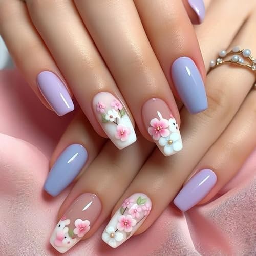 Long Square False Nails - 24Pcs Fake Nail with Flower Nails Tip with Glue - Acrylic Full Cover Blue Purple Stick on Nails - Press on Nail for Women Girls Nails Art Decoration Accessories