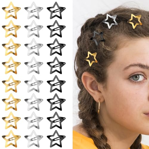 Classicseali 24 Stück Stern Haarspangen,Star Hair Clips für Kinder,Mädchen,Madame,Girls,Haarnadeln Sterne Gold,Niedlich Y2K Metall Snap Kopfschmuck 3 Farben in Gold,Silber,Schwarz