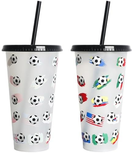 HiyyFloy Farbwechselnder Strohhalmbecher, 2 Fußball-wassertrinkbecher Strohhalm Und Deckel, Tragbarer Reisebecher, Trinkbecher, Saftbecher, Wiederverwendbarer Reisebecher Für Kinder Und Erwachsene