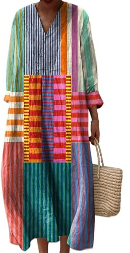 Plus Size Linen Floral Dress for Women UK Long Sleeve V Neck Casual Loose Fit Maxi Dress with Pockets, Vintage Printed Tunic Dresses for Autumn & Spring