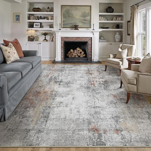 HUGEAR Grau Rot Teppich Wohnzimmer 180x270cm Waschbarer | Waschbarer Modern Abstrakter Teppich,Rutschfest, Kurzflorig, Weich, für Wohnzimmer, Schlafzimmer, Esszimmer,Büro