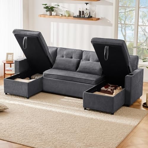 Sapgaks canapé d'angle Convertible avec Porte-gobelet, Espace de Rangement,canapé 4 Places en U,canapé lit avec Fonction Couchage,Tissus en Coton et Lin (F-Gris)