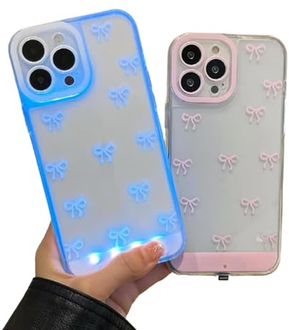 INSDHCCHD LED-Glitzer-Schutzhülle, leuchtende LED-Schleifen-Handyhülle for iPhone 17/16/15/14/13/12/11 Pro Max, for Frauen und Mädchen(Pink,iPhone 15 Pro Max)