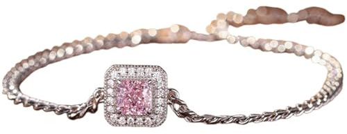 Ayoiow Armband Charms Panzerkette mit 0,5 ct synthetischem rosa Diamanten und Moissanit, Armbänder Rosegold Damen für Freundin 20+3CM| 14K Weißgold | Trendiger Modeschmuck für Jahrestag