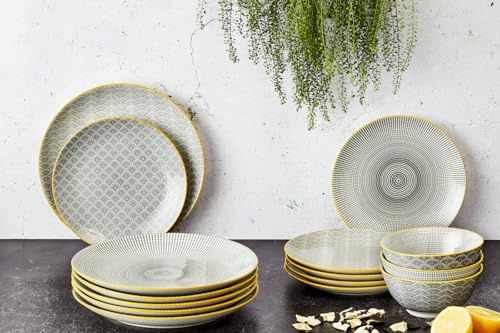 BJORN Geschirrset Les Essentiels – Geschirrset 6 Personen aus emailliertem Porzellan – Teller & Schalen im Mix-and-Match Design, Pattern Eclipse