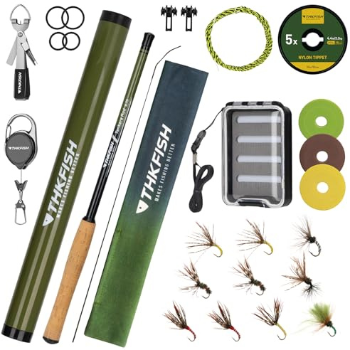 THKFISH Tenkara Fliegenfischruten-Set, 24T Kohlefaser, Teleskop-Fliegenfisch-Kombi-Set mit Tragetasche, Angelschnur und Fliegenfischköder für Bachläufe, Forelle, Barsch, Lachs, 24 m, 3 m, 3 m