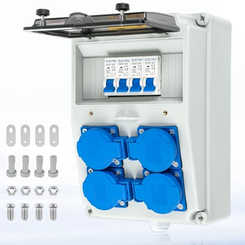 Warmfay Wandverteiler Vorverkabelt 4x 230V Schuko, IP67 Wasserdicht | Baustromverteiler mit 4x Leitungsschutzschalter 16A 1P, Stromverteiler Wetterfest für Innen und Außen