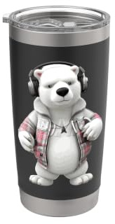 Cool Polar Bear Headphones Plaid Jacket Design Stainless Steel Insulated Tumbler