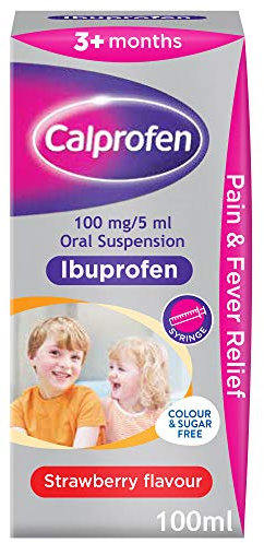 Calprofen Oral Suspension Ibuprofen (1 x 100 ml) Sugar-Free Strawberry Flavour Painkiller with Ibuprofen for Fever & Pain Relief, Suitable for 3+ Months Babies & Kids