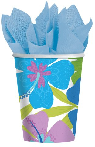 8 vasos de cartón flores paraíso Tropical azul