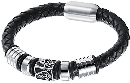 JewelryWe Schmuck Herren Armband, Retro Freimaurer Quadrat Bead Ringe Armreif, Leder Edelstahl, Magnet Verschluss, Schwarz Silber