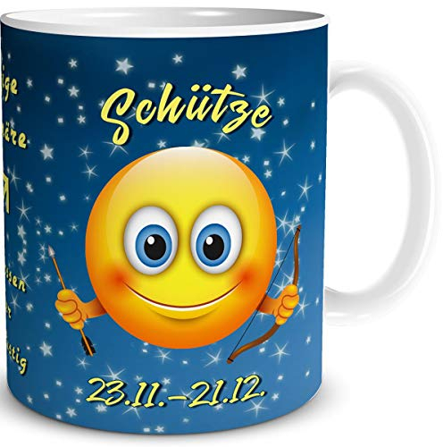 TRIOSK Tasse Smiley mit Spruch lustig Sternzeichen Schütze Geburtstagstasse Geschenk für Frauen Männer Arbeit Büro Kollegen Geburtstag