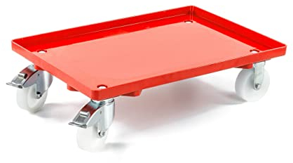 aidB Transportroller geschlossen für Euroboxen mit 2 Lenk- und 2 Bremsrollen aus Kunststoff, Rot, 600x400 mm, Rollwagen zum Transport von Kisten, Praktischer Kistenroller