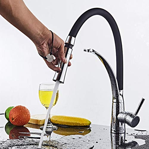 Grifo Cocina con 2 Modos Ducha Extraíble, 360° Giratorio Grifo de Fregadero con Manguera Silicona de Grado Alimenticio, Grifo Mezclador para Agua Fría y Caliente, Latón Cromado Grifos Fregadero