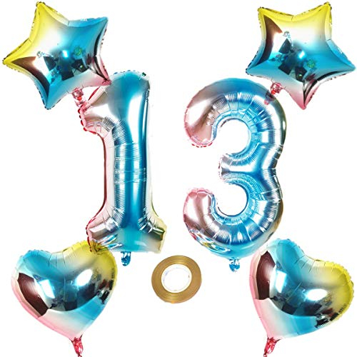 Luftballons Zahl 13 Nummer 13 Luftballon Regenbogen 13 Zahlenballon Folienballon 32 inch 80 cm XL für Mädchen Junge,Riesen Aufblasbar herz Helium Folienballon Stern Ballons Geburtstag Party Deko(13)