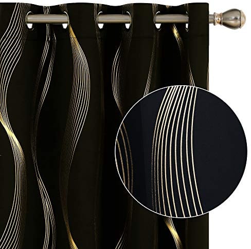 Deconovo Blackout Eyelet Curtains Thermal Insulated Gold Wave Line Foil Printed Curtains for Bedroom 66x90 Inch Black 2 Panels