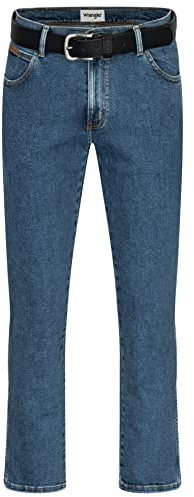 Wrangler Stretch Herrenjeans mit Gürtel in schwarz oder braun (W36/L32, Stonewash + schwarzer Gürtel)